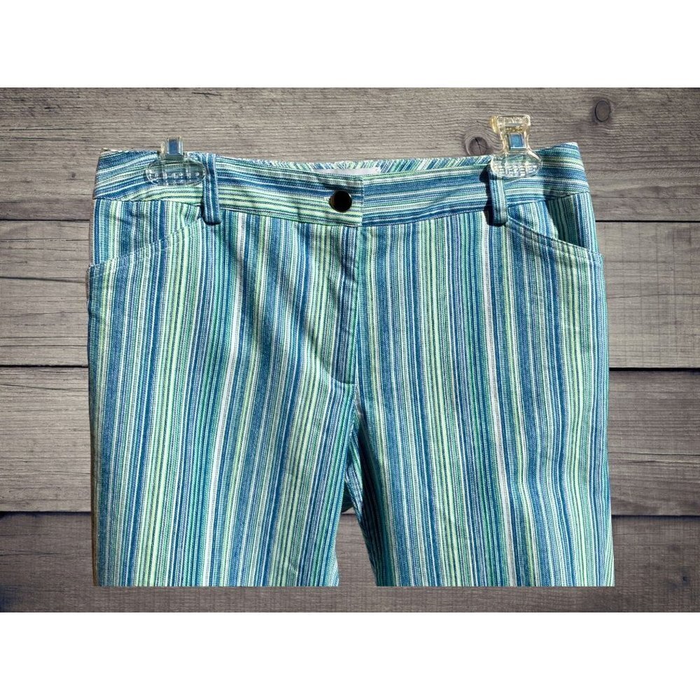ELLIOTT LAUREN LADIES BLUE STRIPE LONG FLAT FRONT PANTS BELT LOOPS POCKETS 4